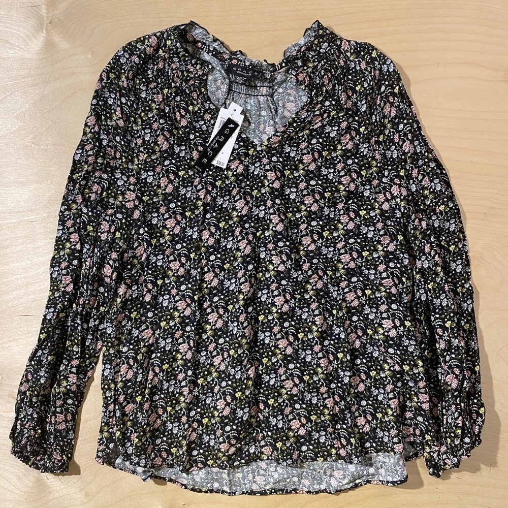 Grace Black Floral Peasant Blouse with Pink and Green Accents PL (QX)
